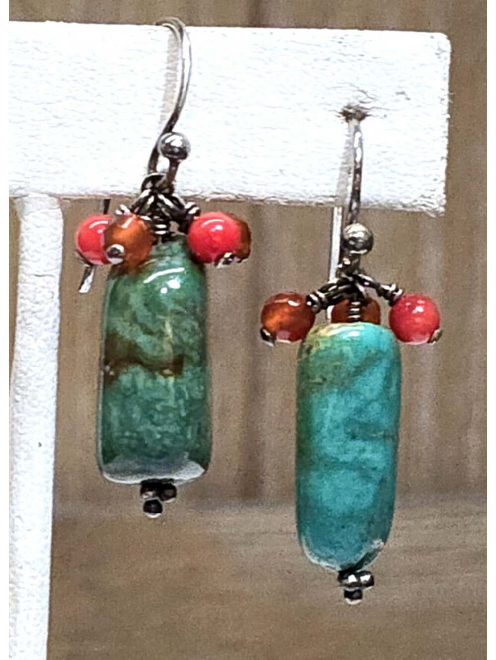 Artisan Sterling Silver Turquoise Carnelian Coral Dangle Earrings